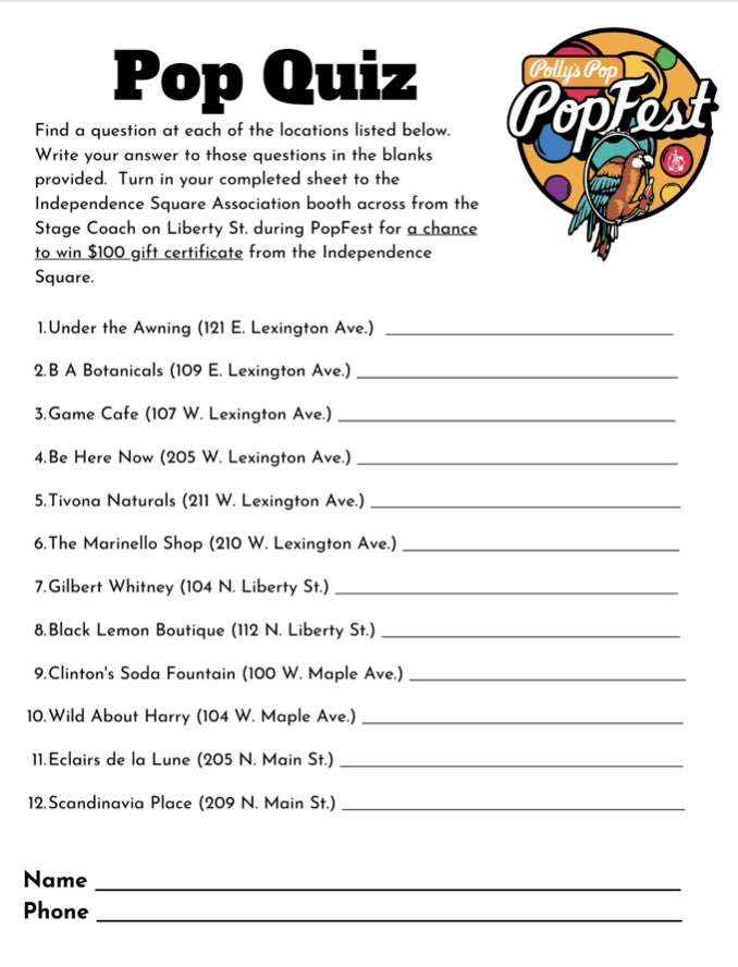 indepsquare's tweet photo. Today is the day! Polly’s Pop PopFest happens today Saturday, July 1 from 4-9PM. Come up early and start the Pop Quiz.
#popfest #pollyspop #indepmo #lovethesquare https://t.co/AV1Fu5A8fP