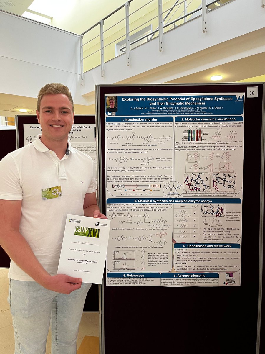 Congratulations to <a href="/CallumBullock12/">Callum Bullock</a> an @MIBTP1 PhD student in our group <a href="/warwickchem/">Warwick Chemistry</a> who was awarded a best poster prize at the Chemistry and Biology of Natural Products ECR conference.
