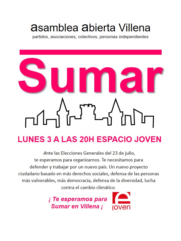 Este lunes acompáñanos a #Sumar ➕ 🗣️Ven a la Asamblea Abierta en Villena, donde varias asociaciones, colectivos, partidos políticos y personas independientes reflexionaremos juntas sobre el proyecto de Sumar, así como del futuro de las políticas estatales. 🤗¡Allí nos vemos!