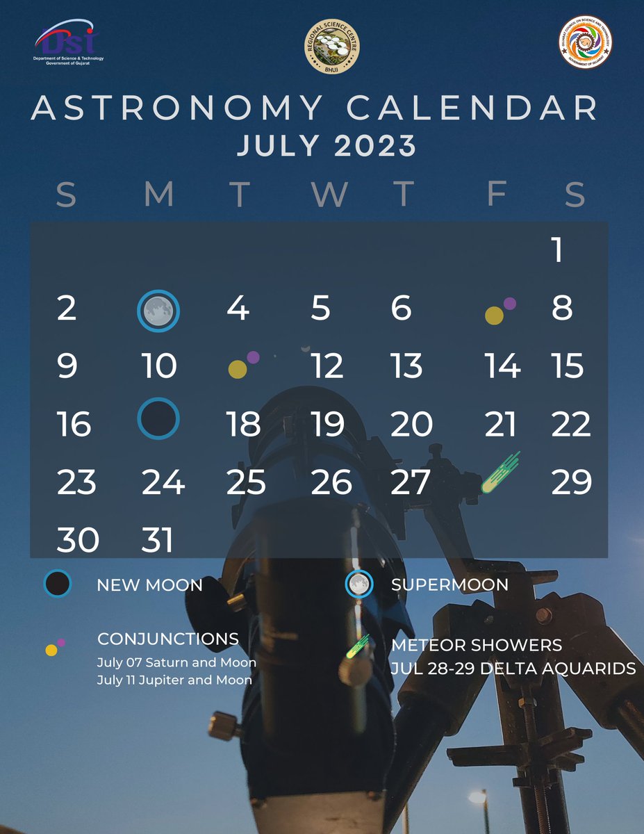 Don't miss to participate in #Astronomical events @RscBhuj in #July2023.

@vnehra @narottamsahoo @asipoec @IIABengaluru @IAU_org @ydnad0 @IUCAAstro