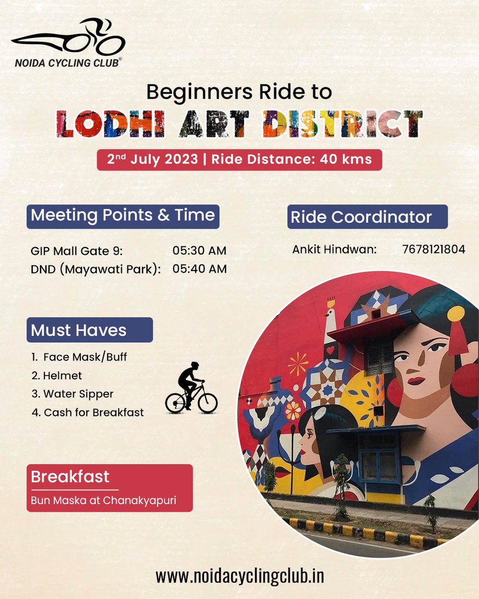 Join us for a Beginners Ride this Sunday to Lodhi Art District and start your cycling journey with us. 
Ride Distance: 40 KMs