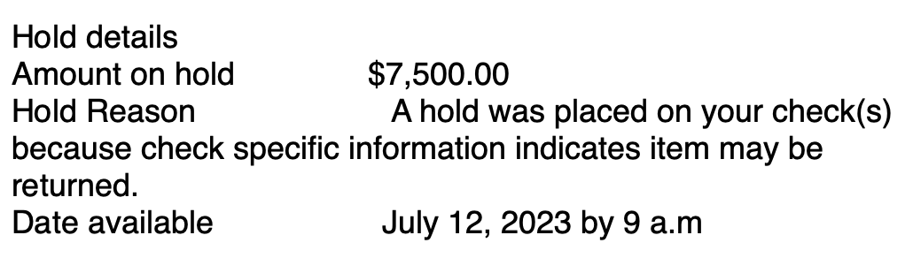 TheSpareRoomDC's tweet photo. Dear @BofA_Help   , thank you for protecting against fraud - but your risk model needs work. First, whatever check-related information suggests this won't clear  should be evaluated against this customer's two-year history of payments. Second, a 12-day hold? @BofA https://t.co/cUrdTMCaaE
