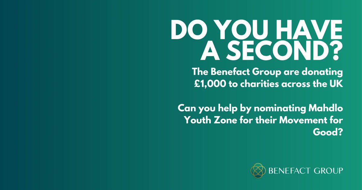 The Benefact Group are donating £1,000 to charities across the UK

Can you help by nominating Mahdlo Youth Zone for their Movement for Good?

Visit buff.ly/2YIjDTi and search for Mahdlo by our charity number: 1134427

Thank you! 💛