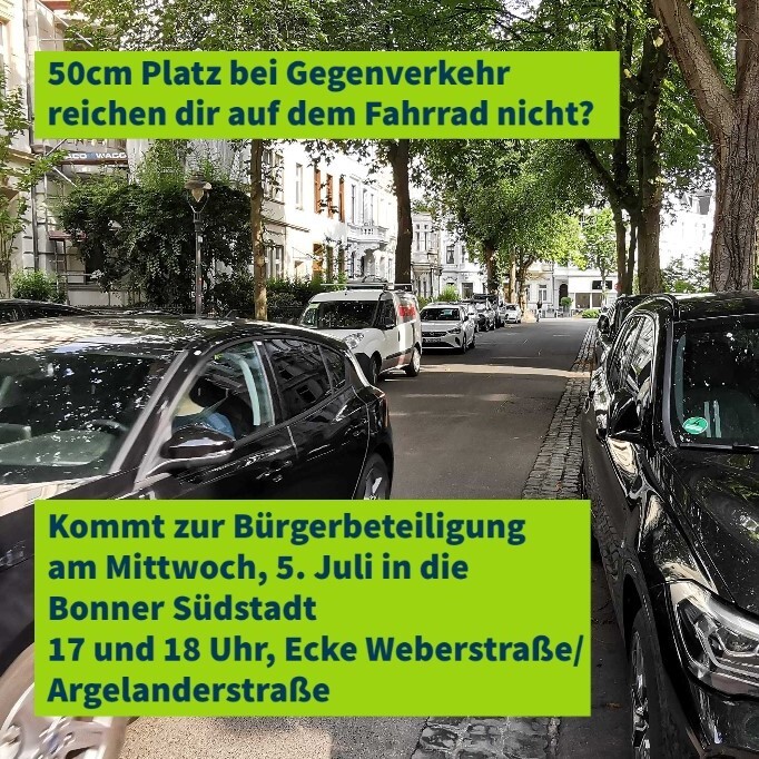 In der Bonner Südstadt wären #Fahrradstraßen besonders wichtig. Gerade dort stehen die politischen Beschlüsse aber noch aus. 

Kommt zur den Beteiligungsveranstaltungen der Stadt und bringt die Perspektive von Radfahrenden und Fußgänger*innen ein!