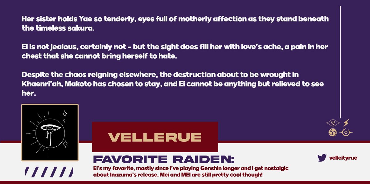 💜 CONTRIBUTOR SPOTLIGHT: VELLERUE 💜
Name: VelleRue | <a href="/velleityrue/">VelleRue (give me GO S3 or give me death)</a> 
Zine Role: Writer

Q: Favourite Raiden? ⚡️
A: Ei’s my favorite, mostly since I’ve playing Genshin longer and I get nostalgic about Inazuma’s release. Mei and MEI are still pretty cool though!