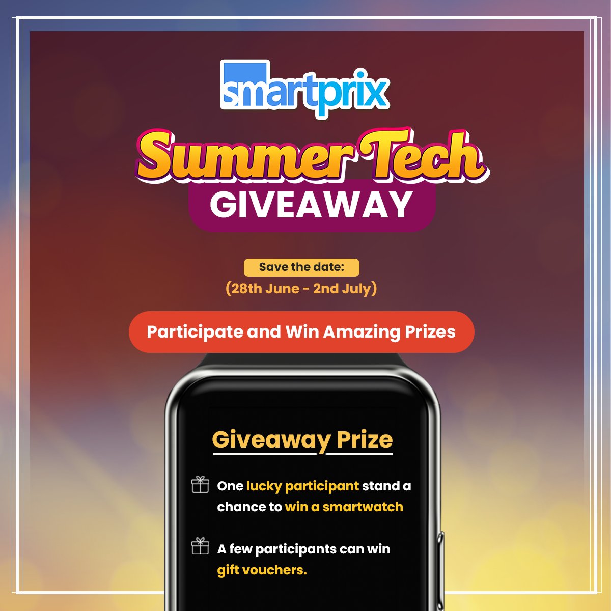 Smartprix's tweet photo. Don't miss your chance to win smartwatch and exciting gift vouchers! Have you participated in the Giveaway yet?
If not, here's how to enter: https://t.co/ieYt5Dj5b8 #FollowSmartprix https://t.co/P0mVSc3hYz