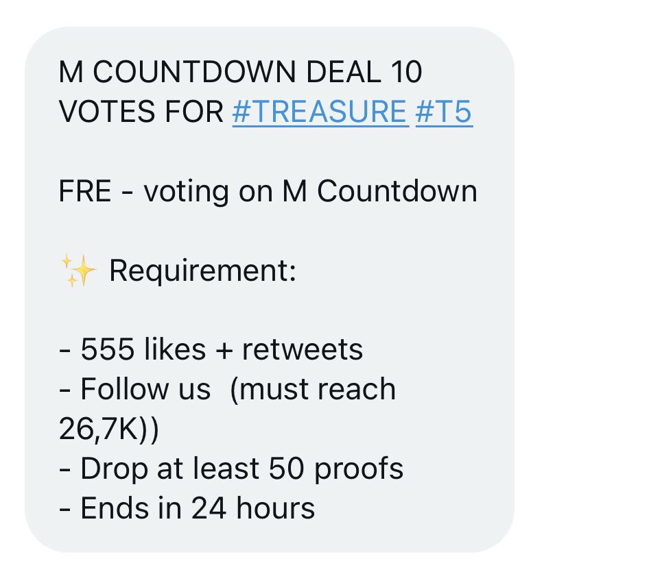 🩵 M COUNTDOWN DEAL 7 FOR TREASURE T5 🩵 🎫 10 votes on M Countdown ✨ Requirement: - 555 likes + retweets - Follow @Bearcutii - Drop at least 50 proofs - Ends in 24 hours #TREASURE  #T5_MOVE #TREASURE_T5 @treasuremembers