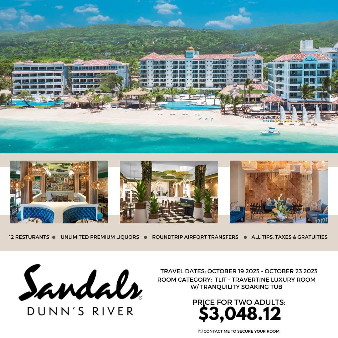 Sample of a deal at the new Sandals Dunn's River Resort 
sandals.com/?referral=1015…
🖥 bernardinitravel.com 
🌴🥥
#bernardinitravel  #beach #spa #mexico #Caribbean  #allinculsive  #adventure #DestinationWedding #Honeymoon #beachwedding #Mediterranean  #Jamaica #Barbados  #golf