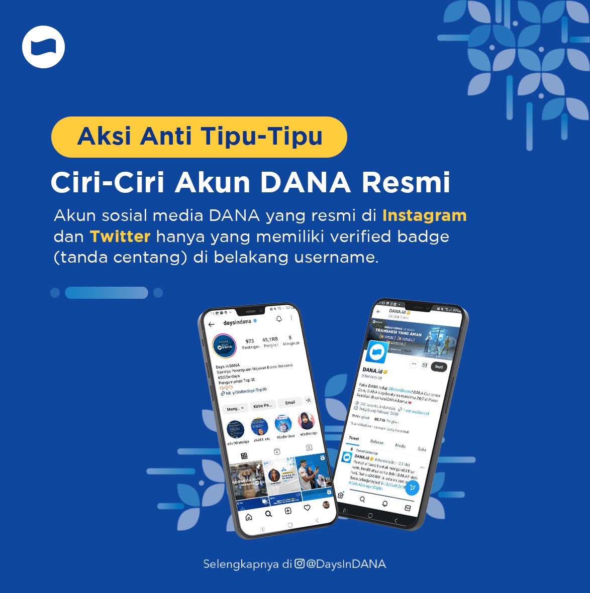 danawallet's tweet photo. Punya masalah saat menggunakan aplikasi DANA tapi bingung yang mana akun officialnya?
Akun official DANA memiliki verified badge (tanda centang) di belakang usernamenya, sebagai tanda kalau akun sudah terverifikasi. Selengkapnya di https://t.co/lC1E71mUn8. #DANADompetDigital https://t.co/0L1laRXhYZ
