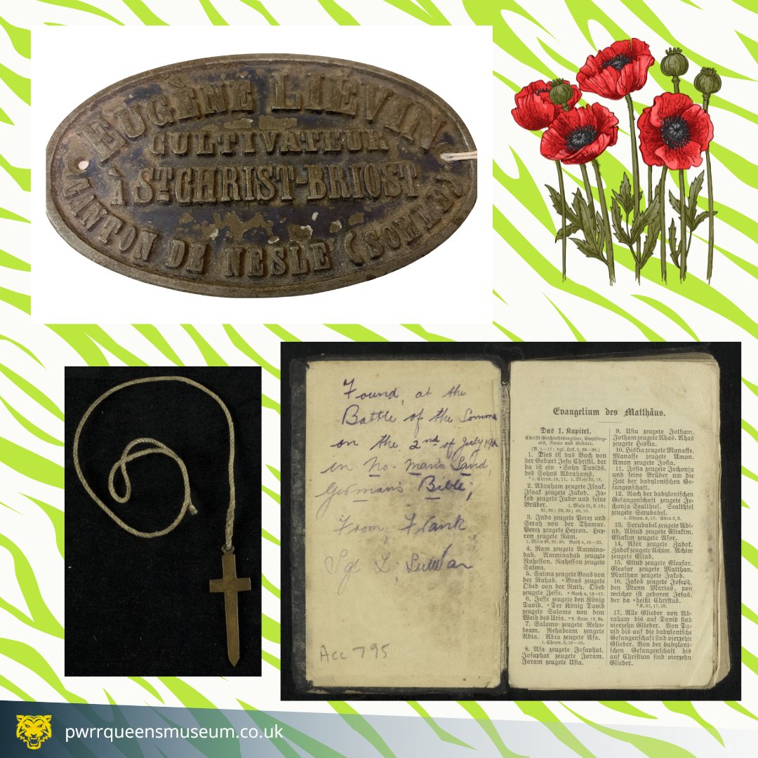 The many items that were lost and found on the #Somme Battlefield offer an illustration of the losses sustained by all nations. For instance, this German Bible, found on July 2nd, 1916, and inscribed ‘from Frank, Sgt L Sullivan’ and this French nameplate which was donated to us.