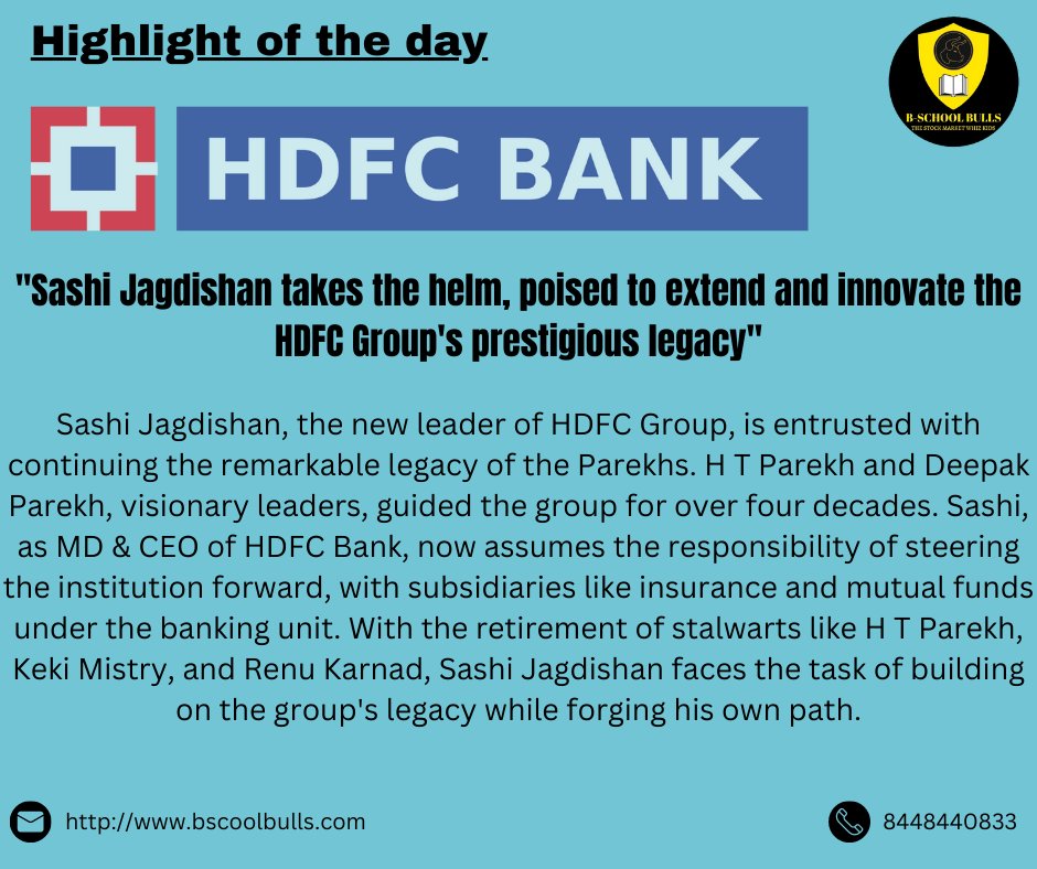 bschoolbulls's tweet image. &quot;Sashi Jagdishan: Carrying Forward the Legacy of HDFC Group&apos;s Visionary Parekhs&quot;
#HDFCGroup #LegacyLeadership #SashiJagdishan #ParekhLegacy #NextGenerationLeaders #BankingIndustry #FinancialServices #VisionaryLeadership #InstitutionalGrowth #HDFCBank #HDFCLtd
