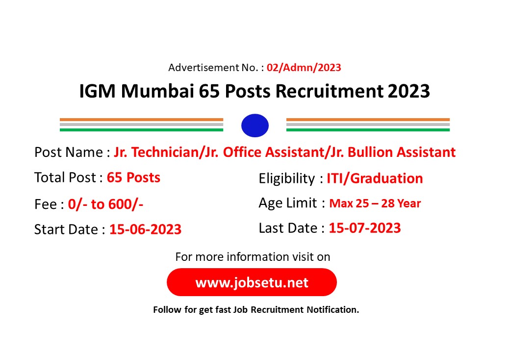 jobsetuofficial's tweet image. IGM Mumbai Various Posts Recruitment 2023
#IGM_Mumbai #VariousPosts #Recruitment2023 #jobsetu #JobAlert #govtjobs #job #jobsetuofficial 
Visit to check out : jobsetu.net/post/igmm-juni…
Join Telegram Gp : t.me/jobsetuofficial
