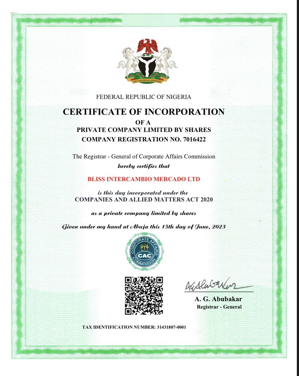📣Announcing BlissXchange Company Registration📣

  We are happy to announce hat BlissXchnage as an entity has officially been registered with the Nigeria Cooperate Affairs Commission (CAC) as a legal company.

🔸BlissXchange as a company can legally operate in the country.

/1