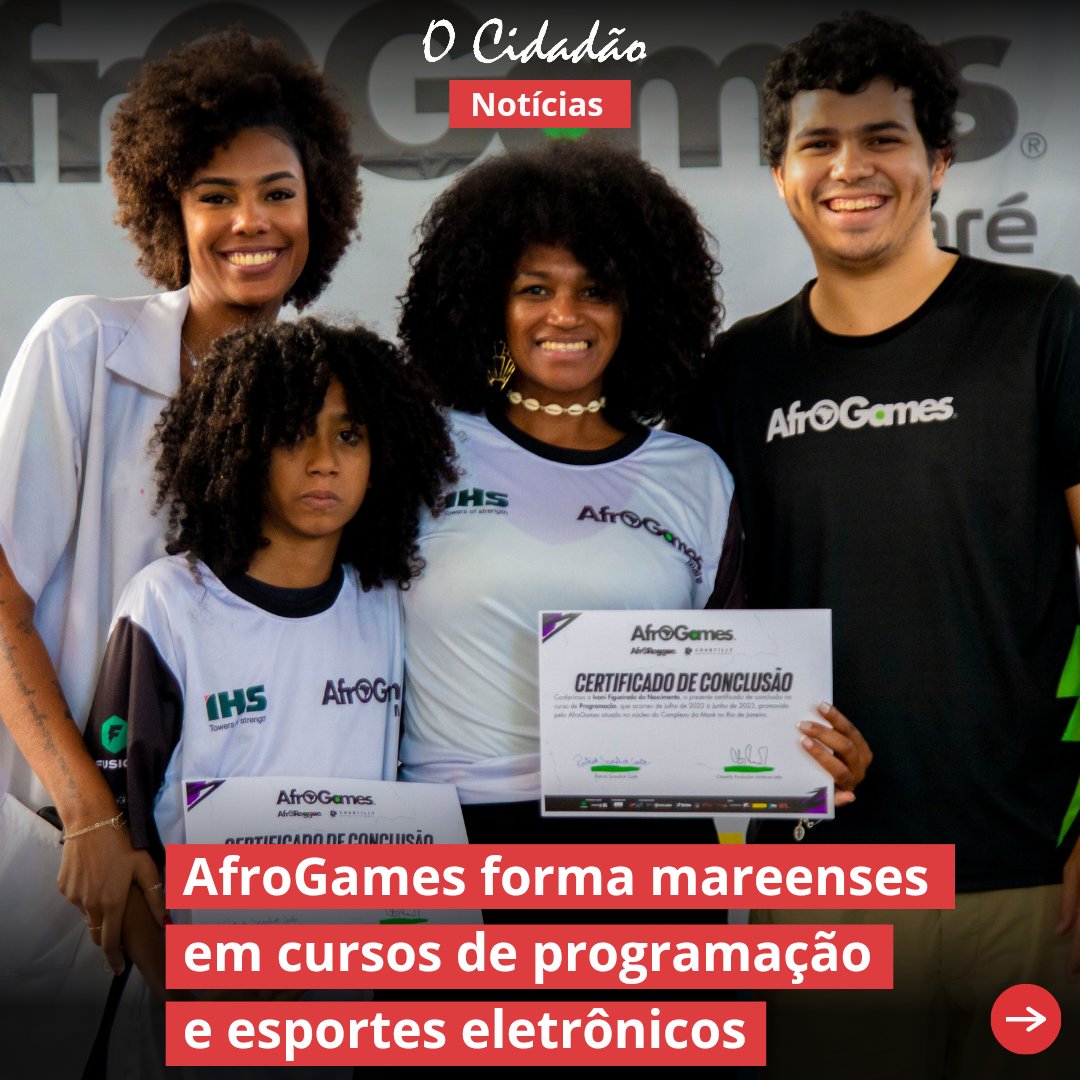 O projeto @afrogamesbr formou 134 programadores e gamers na Maré! Após um ano de curso, muitos evoluíram em games como #LeagueOfLegends , #valorant e #freefire . 3 alunos já estão no time profissional. Saiba mais pela matéria: 
jornalocidadao.net/afrogames-form…