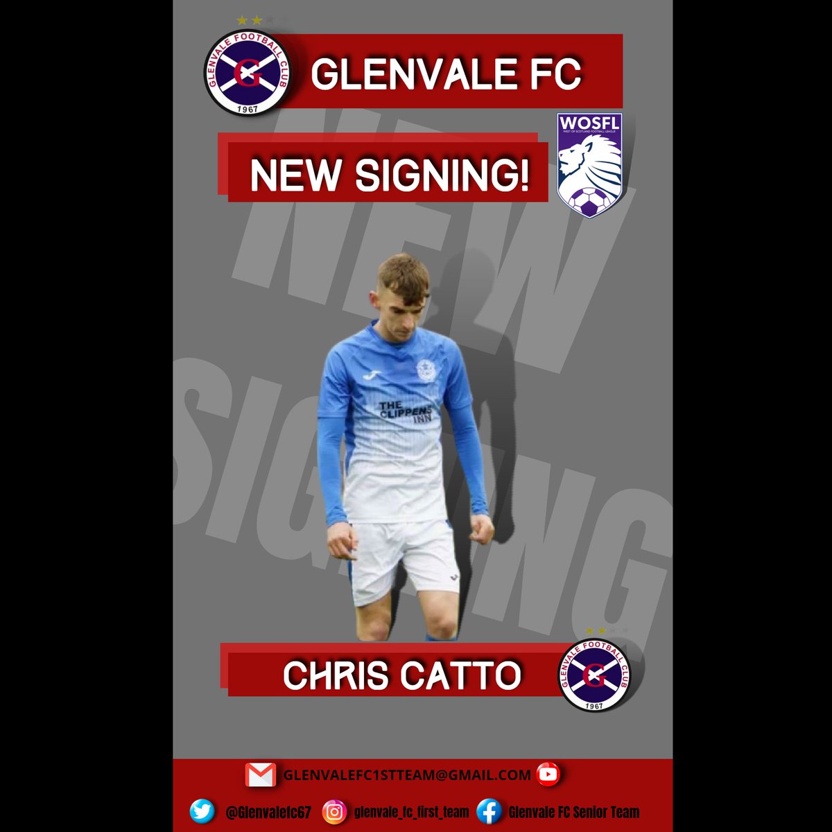 Glenvale FC Senior Team are delighted to announce our latest new signing, Chris Catto! 
Chris played for Gladstone Athletic last season scoring 24 goals!
We look forward to see him in a Glenvale strip!
Welcome to the Club!🔴⚫️