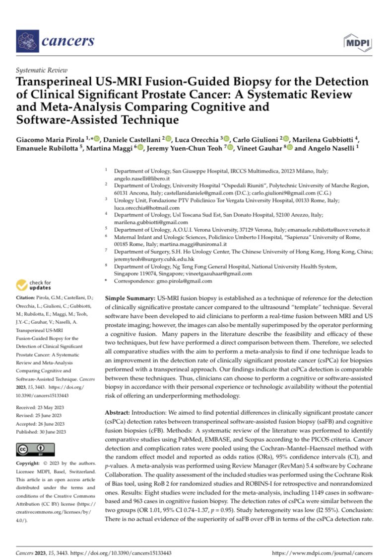 Is there any difference between cognitive vs software-assisted US-MRI fusion Bx for cs #prostatecancer detection? Current evidence in this MA by @GiacomoPirola 👏🏻 and the ⭐️ team @D_Castellani @DocGauhar @jteoh_hk @Marilena_Gub @luca_orecchia @carlo_giulioni @Cancers_MDPI