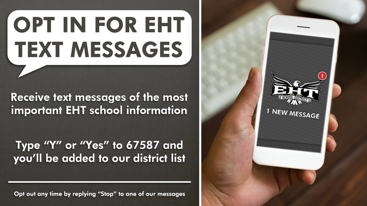 Our school utilizes the SchoolMessenger system to deliver text messages, straight to your mobile phone with important information about events, school closings, safety alerts and more. Opt-in today! #ehtpride #ehtstrong https://t.co/B9w6XMkGN4