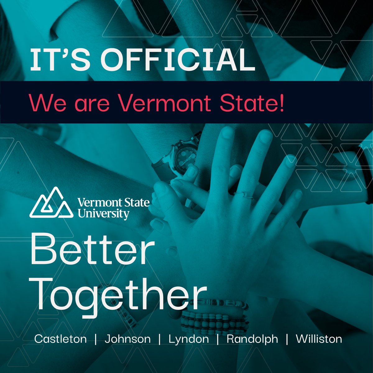 VermontStateU's tweet image. It’s official! #WeAreVermontState #BetterTogether

Today, we come together as one university with the shared mission of empowering students to thrive in their personal and professional lives.

Welcome to Vermont State University! 
vermontstate.edu