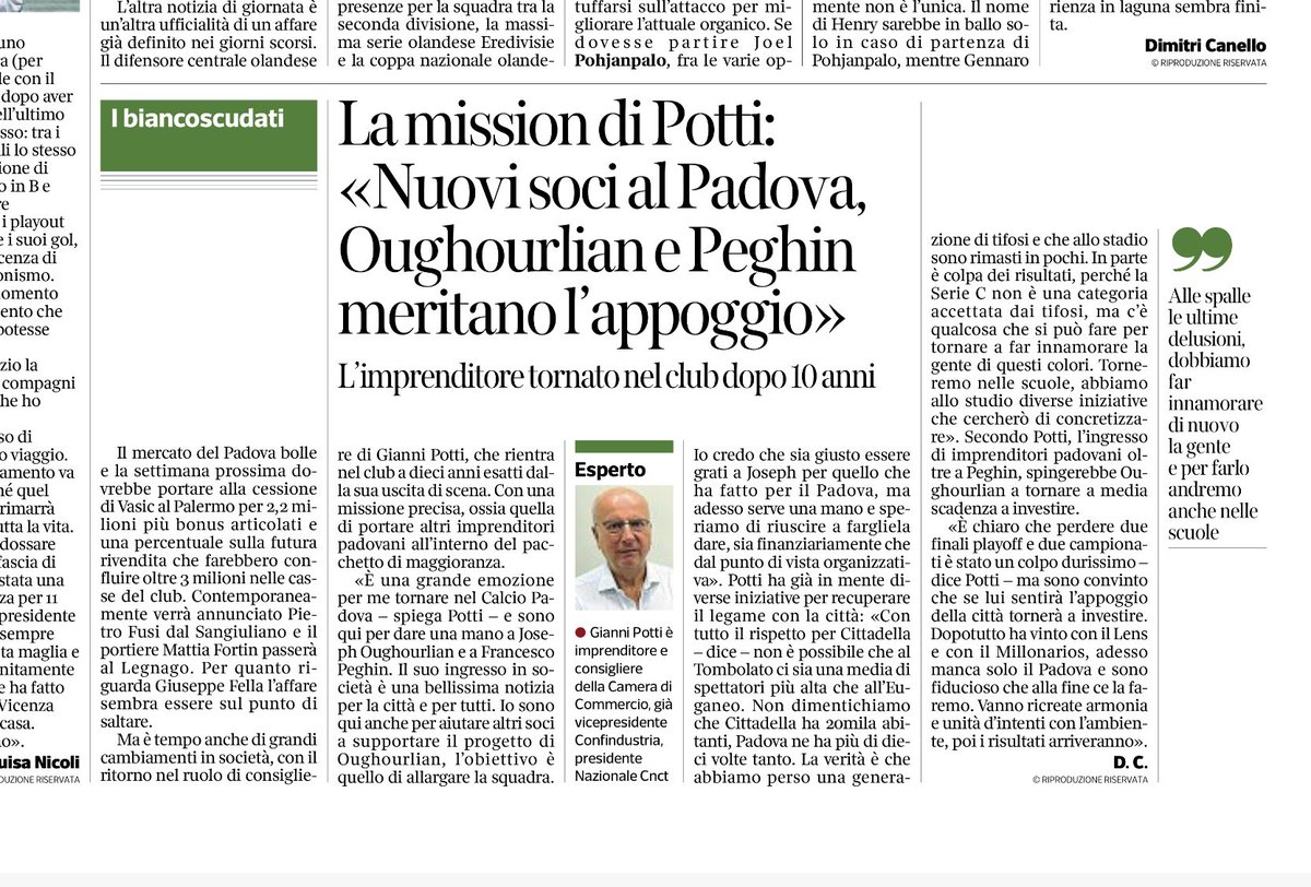 Calcio Padova Oughourlian e Peghin meritano l’appoggio. Nuovi soci al Padova. La padovanità. Corriere del Veneto Dimitri Canello