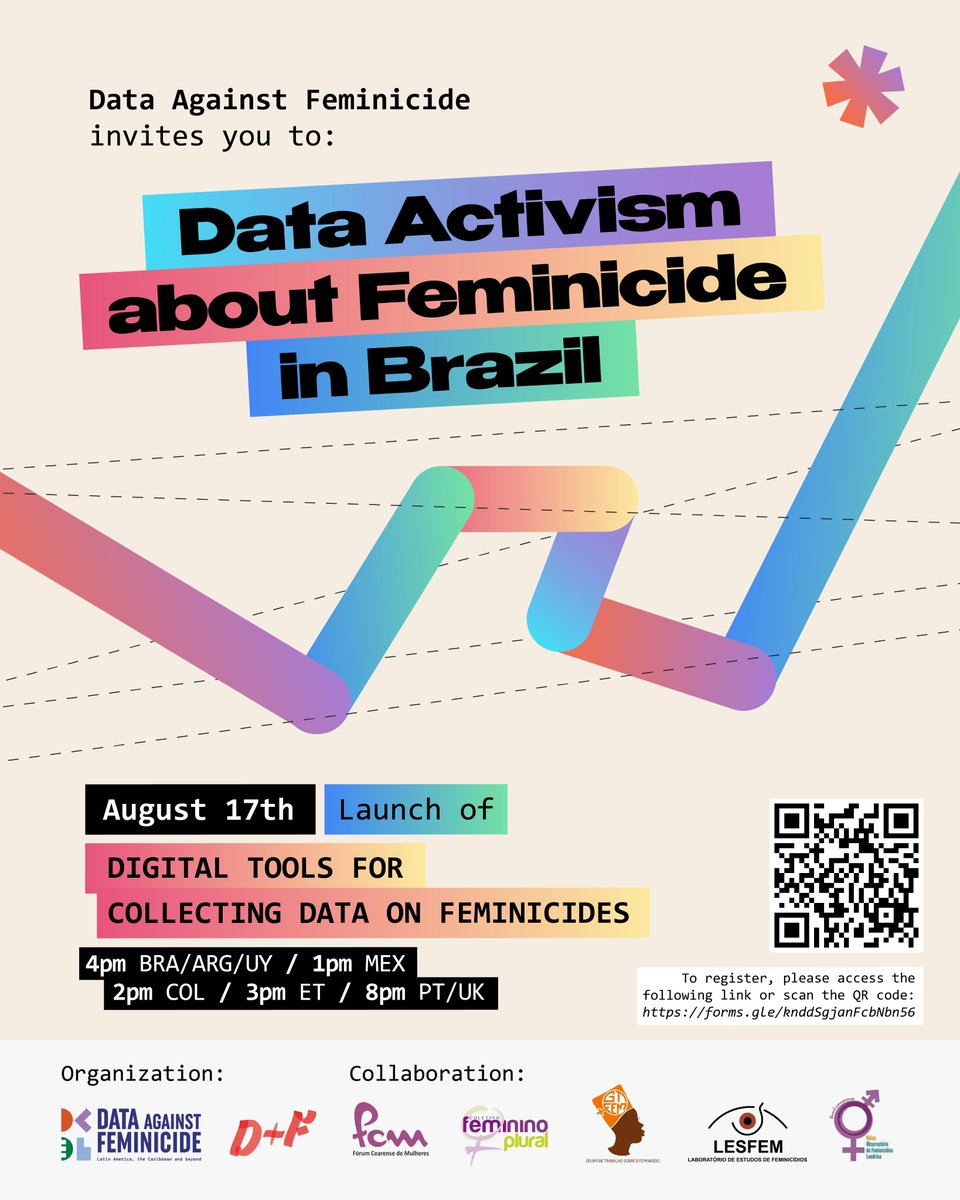 DATA ACTIVISM ABOUT FEMINICIDE IN BRAZIL - Join our workshop 8/17 at 3 PM (ET) - activists from different regions of Brazil will share their experiences and discuss tech for human rights monitoring. In PT with live translation into EN and ESP. Sign up: forms.gle/X6w8mQg7YP2vYT…