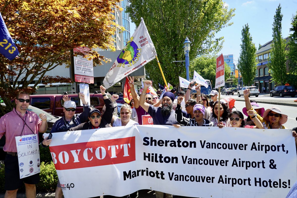 RNedila's tweet photo. Solidarity w/ @UniteHere40 @unitehere  on strike against @sheratonhotels @HiltonHotels @Marriott Vancouver Airport Hotels. Fair agreement now! 

@IBEW213 @IBEWCanada @bcfed @CanadianLabour @theJagmeetSingh @NDP https://t.co/zg61B8YOcN