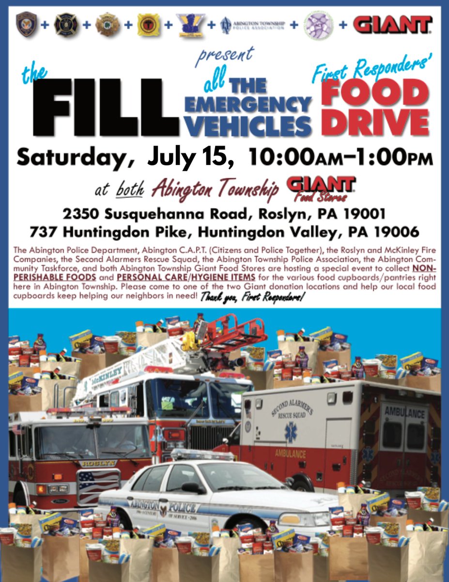 SecondAlarmers's tweet photo. ๐จSave the date: Saturday, July 15th
from 10AM to 1PM. ๐จ
#FirstRespondersFoodDrive ๐๐๐
#FoodDrive #Abington #MontcoPA
#Roslyn & #HuntingdonValley @GiantFoodStores
Along with @AbingtonPolice @roslynfire and McKinley Fire Co. https://t.co/rQD2Y5hgnO
