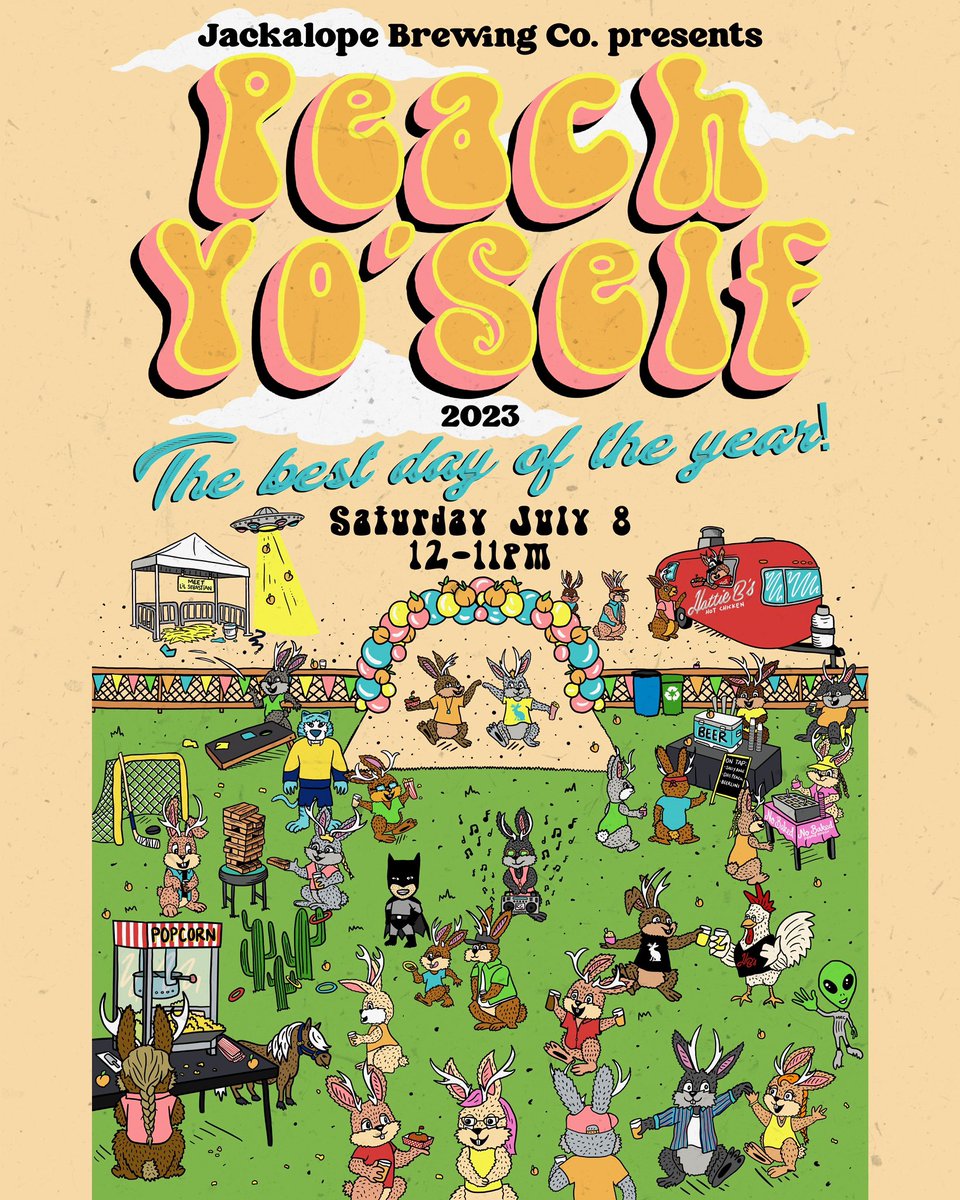 JackalopeBrew's tweet photo. NEXT SATURDAY! 🎉 Back again for its NINTH year, Jackalope’s 🍑 PEACH YO’SELF 🍑 is a festival dedicated to celebrating the beautiful bond between peaches and beer. 🍻 Join us on Saturday, July 8th from 12-11pm for the best day of the year!

More info ➡️ https://t.co/6jjmfePxcA https://t.co/ASZymTIeYj