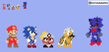 GhostasaurusMeh's tweet photo. Oddly enough, originally this wasn't supposed to be a full on SMBZ fan art; 

I originally started doing a reimagination of 8-bit Mario in my style jus for fun, which ended up reminding me of SMBZ, which ended up making me draw my take on 8-bit Sonic and continued from there. https://t.co/lRPxKlclyg