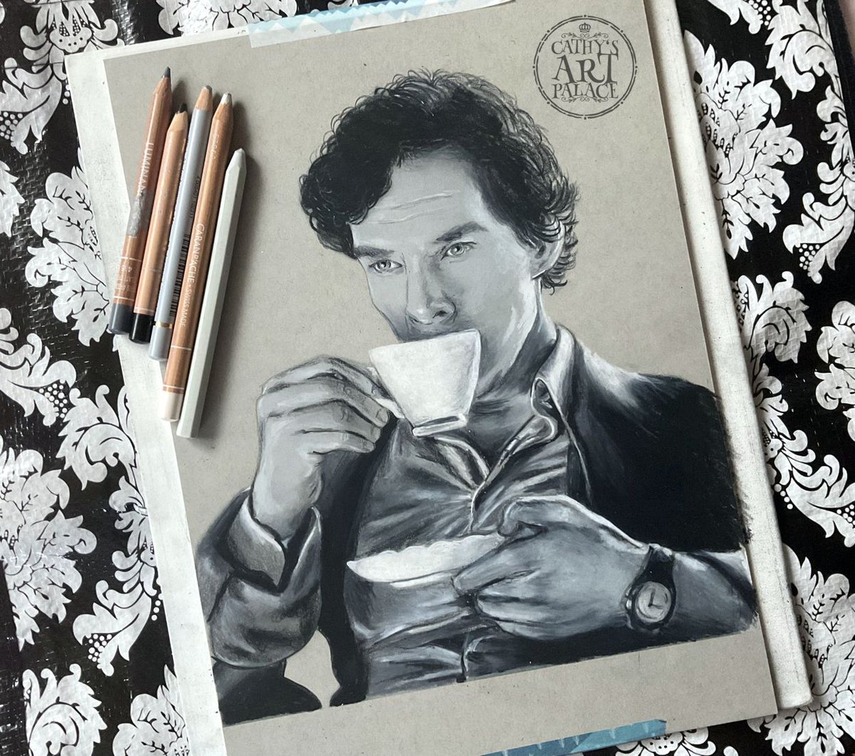 🎨My new #Sherlock Drawing 'Tea Time'! Created with professional pencils on grey-toned drawing cardboard #BenedictCumberbatch #SherlockHolmes @221B