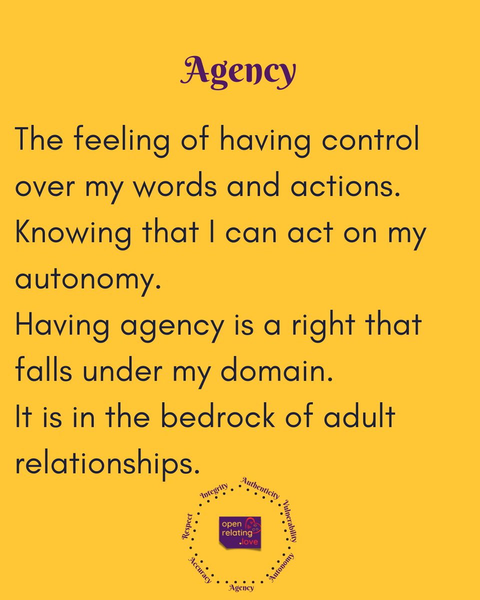 openrelating's tweet photo. #Agency

The feeling of having control over my words and actions. Knowing that I can act on my autonomy. 
Having agency is a right that falls under my domain. 
It is in the bedrock of adult relationships. 

#OpenRelating #ConsciousRelationships https://t.co/nBkfnDu0ln