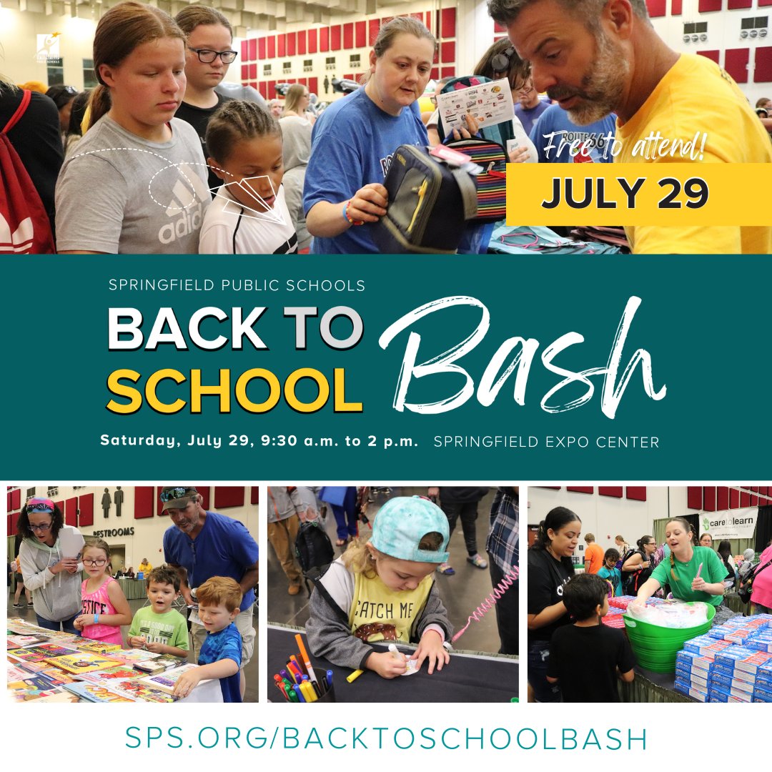 The Bash is Back. 🎒

🗓 Saturday, July 29
🕗 9:30 a.m. to 2 p.m.
📍 Springfield Expo Center, 635 E. St. Louis St.
👪 Free for SPS families

More info: sps.org/backtoschoolba…

RT to spread the word, #SGF! 

sps.org/backtoschoolba…