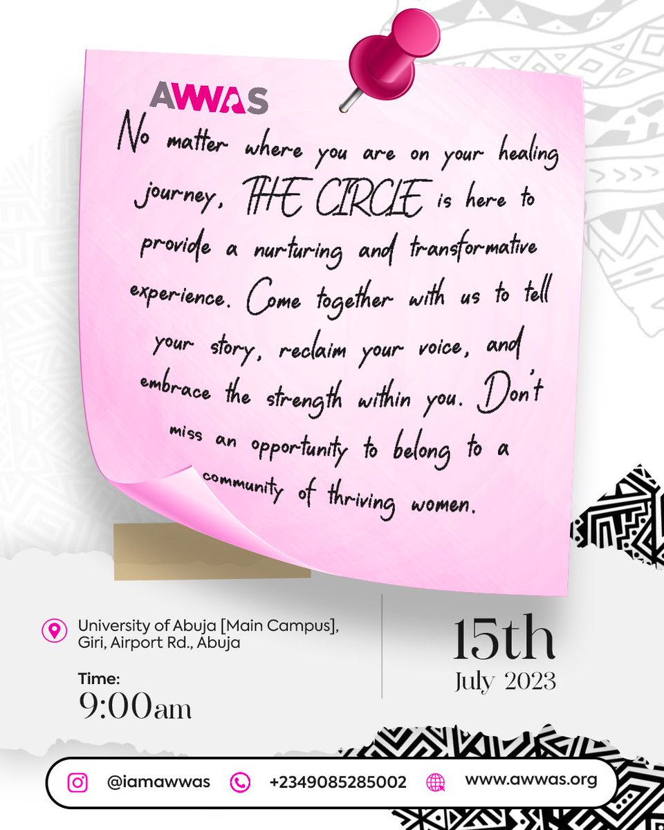The caption is in the poster and it’s a MUST read!

Make it a date with us at #thecircleuniabuja
🤗
^
^
^
#awomanwithastory #thecircle #uniabuja #madeforpurpose #women #arts #therapy #creativetherapy #saynotoabuse #uniabujafinest #breakingthesilence #yourvoicematters