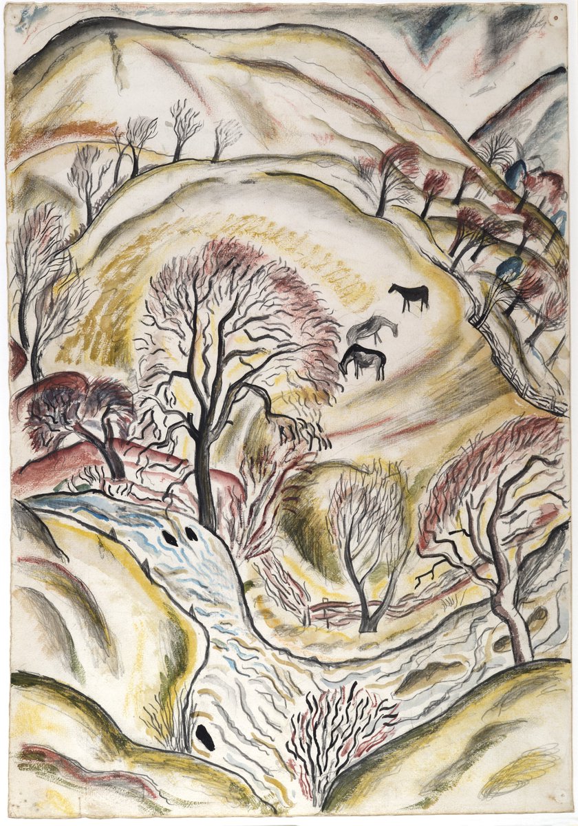 PeterWakelin1's tweet photo. Tir-y-Blaenau may have been David Jones's first painting when he arrived at Capel-y-ffin, Chistmas 1924. An instant breakthrough into a fluid new style responding to the rhythms of hills and rivers, he kept it all his life. Showing @yGaer_Brecon to 29 October, loaned by @NLWales https://t.co/RoVERTGnkT