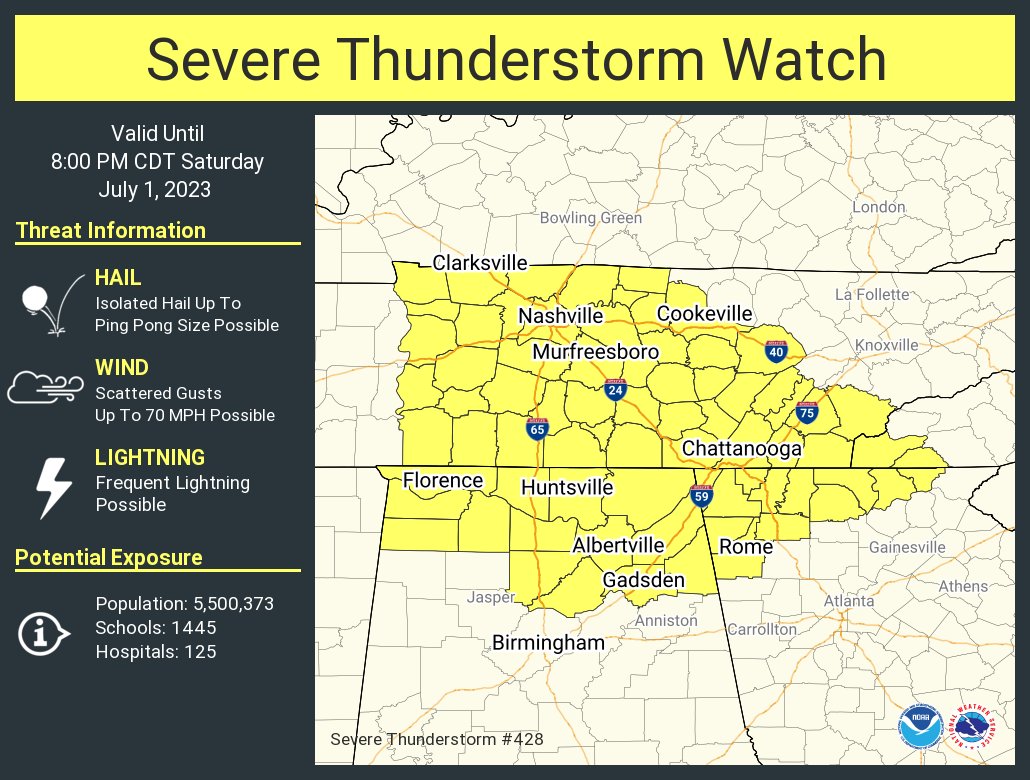 A severe thunderstorm watch has been issued for parts of Alabama, Georgia, North Carolina and Tennessee until 8 PM CDT