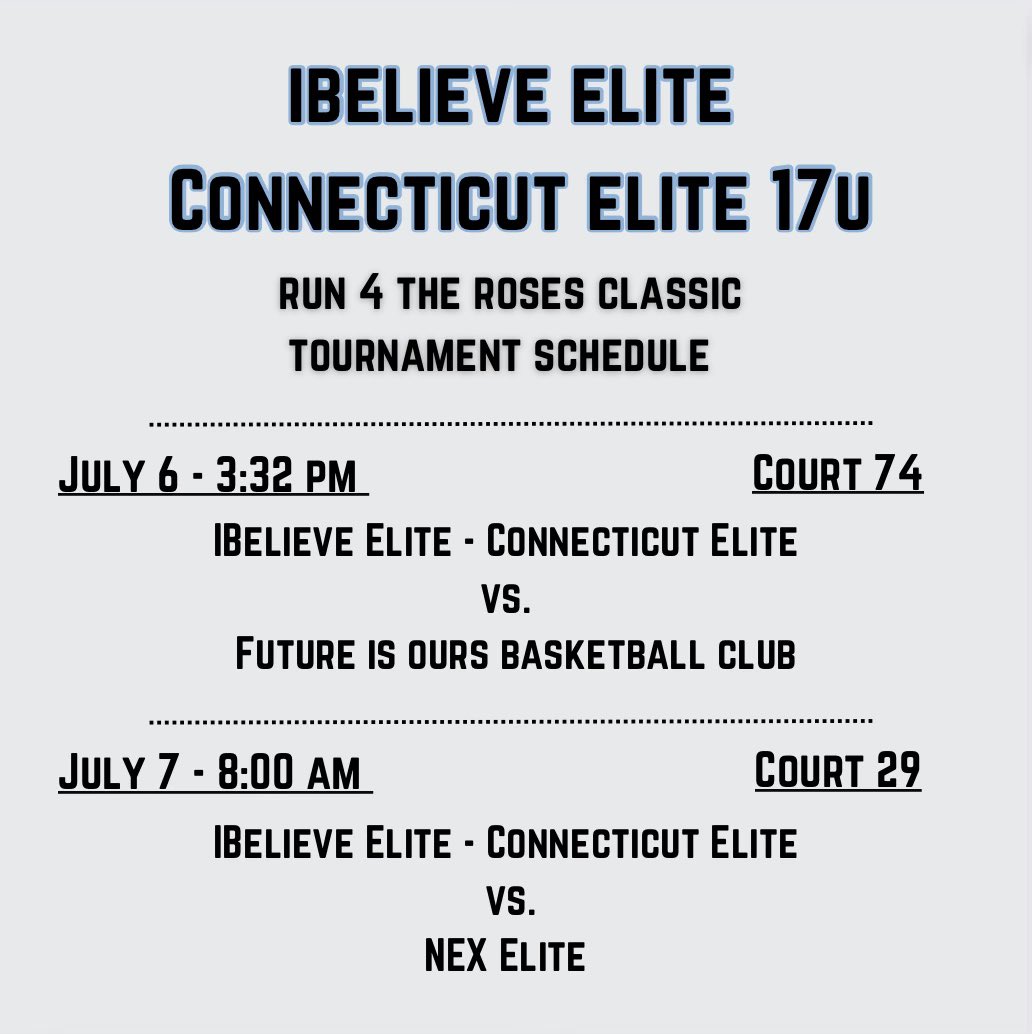 Jaycee Merizalde '25 (@jayceemerizalde) on Twitter photo Here is my schedule for day 1 and 2 of the Run 4 the Roses Classic in Louisville, Kentucky with the Ibelieve Elite - Connecticut Elite 17u team.
<a href="/ibelieve_elite/">Ibelieveelite🎸</a> <a href="/coach_kerrie/">CoachK_kosakowski</a> <a href="/BashHoopsNE/">Bash Hudson</a> <a href="/PerkBasketball/">Perkiomen School Basketball</a> Here is my schedule for day 1 and 2 of the Run 4 the Roses Classic in Louisville, Kentucky with the Ibelieve Elite - Connecticut Elite 17u team.
<a href="/ibelieve_elite/">Ibelieveelite🎸</a> <a href="/coach_kerrie/">CoachK_kosakowski</a> <a href="/BashHoopsNE/">Bash Hudson</a> <a href="/PerkBasketball/">Perkiomen School Basketball</a>