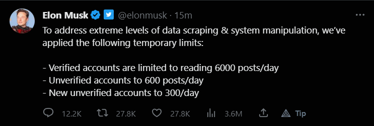 DevBenno's tweet photo. @codicocodes well it's probably because of "address extreme levels of data scraping".. https://t.co/MYASB9qVxb