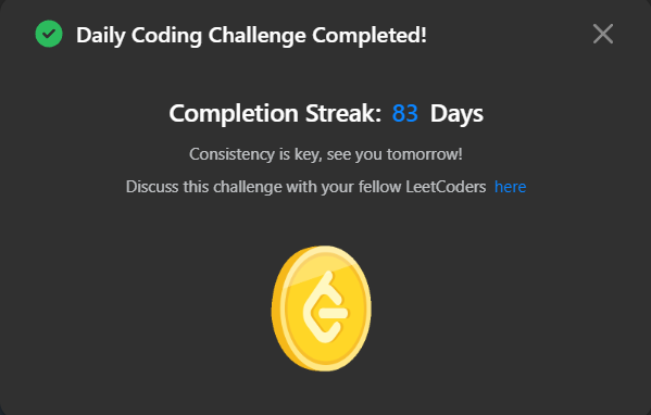 0NOSNA0's tweet photo. Daily Leetcode challenge Tweet:                                                                       
Day - 83  solved @LeetCode daily challenge  #100DaysOfCode #DSA #codinglife https://t.co/CMUrY6iqqp