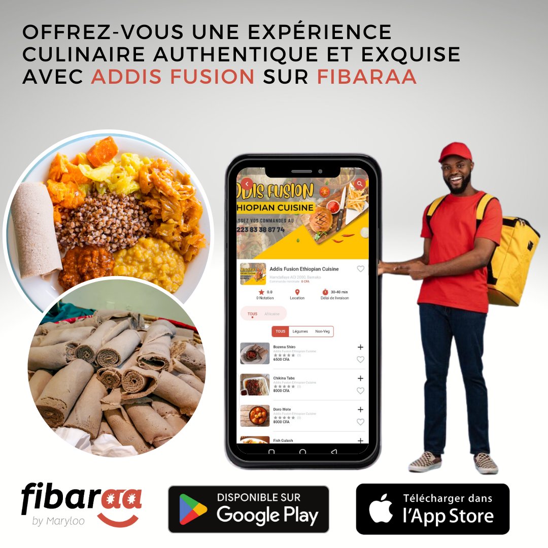 FibaraaML's tweet photo. Plongez dans la richesse des saveurs d'Éthiopie avec Addis Fusion, restaurant éthiopien disponible sur l'appli Fibaraa ! Commandez sur #Fibaraa et faites-vous livrer chez vous pour une expérience culinaire unique. #AddisFusion #CuisineÉthiopienne #LivraisonÀDomicile https://t.co/x0w3FA0i5W