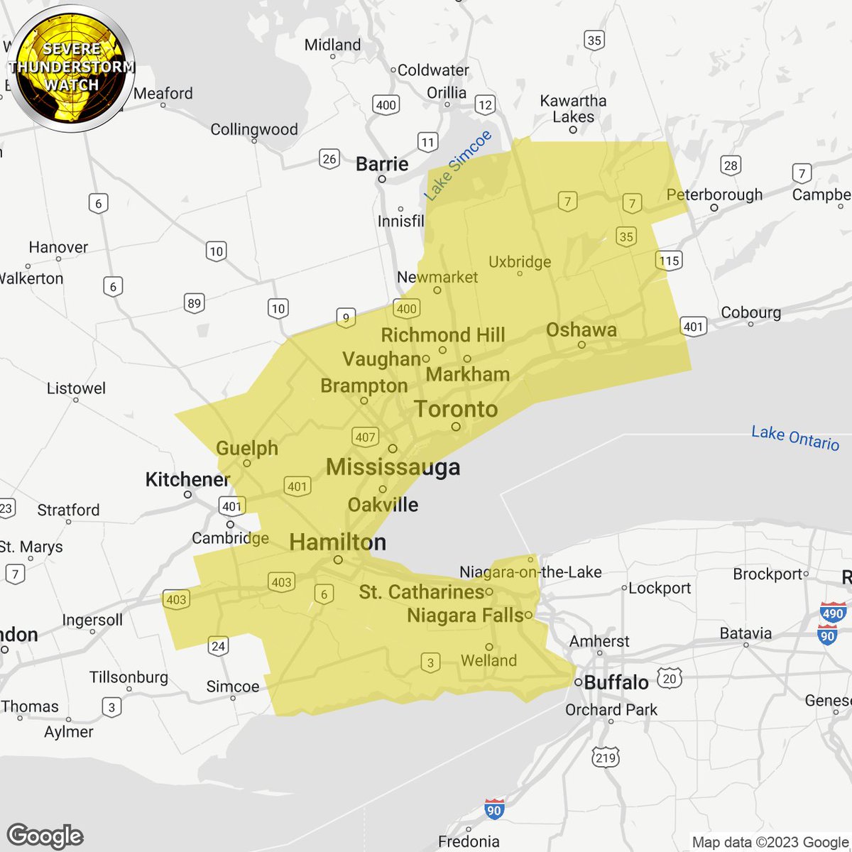 IWeatherON's tweet photo. #onstorm 1:21p SEVERE THUNDERSTORM WATCH ISSUED by Environment Canada

City Of Toronto
Dunnville - Caledonia - Haldimand
Brantford - County Of Brant
Niagara
City Of Hamilton
Halton - Peel
York - Durham
Guelph - Erin - Southern Wellington County
Lindsay...

https://t.co/RyUY4LHb9f https://t.co/0Vud3jbBD3