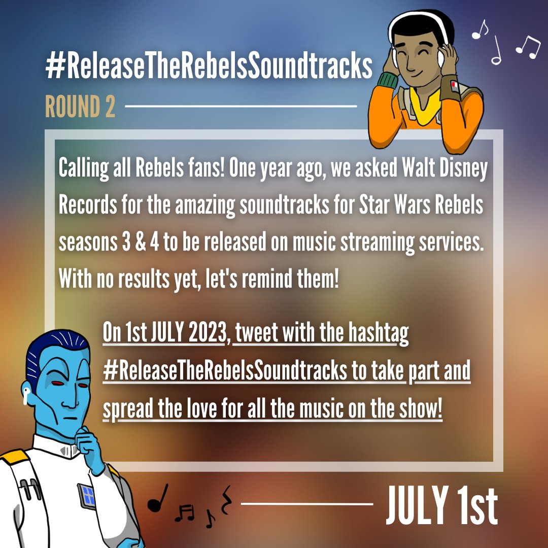 Hi everyone whose twitter is working, please join us in asking for the missing Star Wars Rebels soundtracks to be released on Spotify, Apple Music and other music streaming services!

#ReleaseTheRebelsSoundtracks #Round2