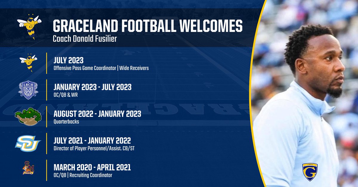 GracelandFB's tweet photo. Welcome, @4thQtMentality 
as the newest member of our coaching staff! Coach Fusilier is joining the Offensive Staff as our Offensive Pass Game Coordinator and will work with the Wide Receivers!

#OnlyTheTough https://t.co/ksb28BtOve