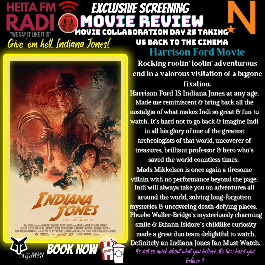 Entertainment News ⚡️ 
Movie Review: #IndianaJonesAndTheDialOfDestiny 
At @numetro The Glen
'Taking us back to the cinema.'

The FINAL FINAL time Harrison Ford plays Indiana Jones. Salute 🫡 let's honor that. 

Must Watch #IndianaJones Movie
Book NOW🍿