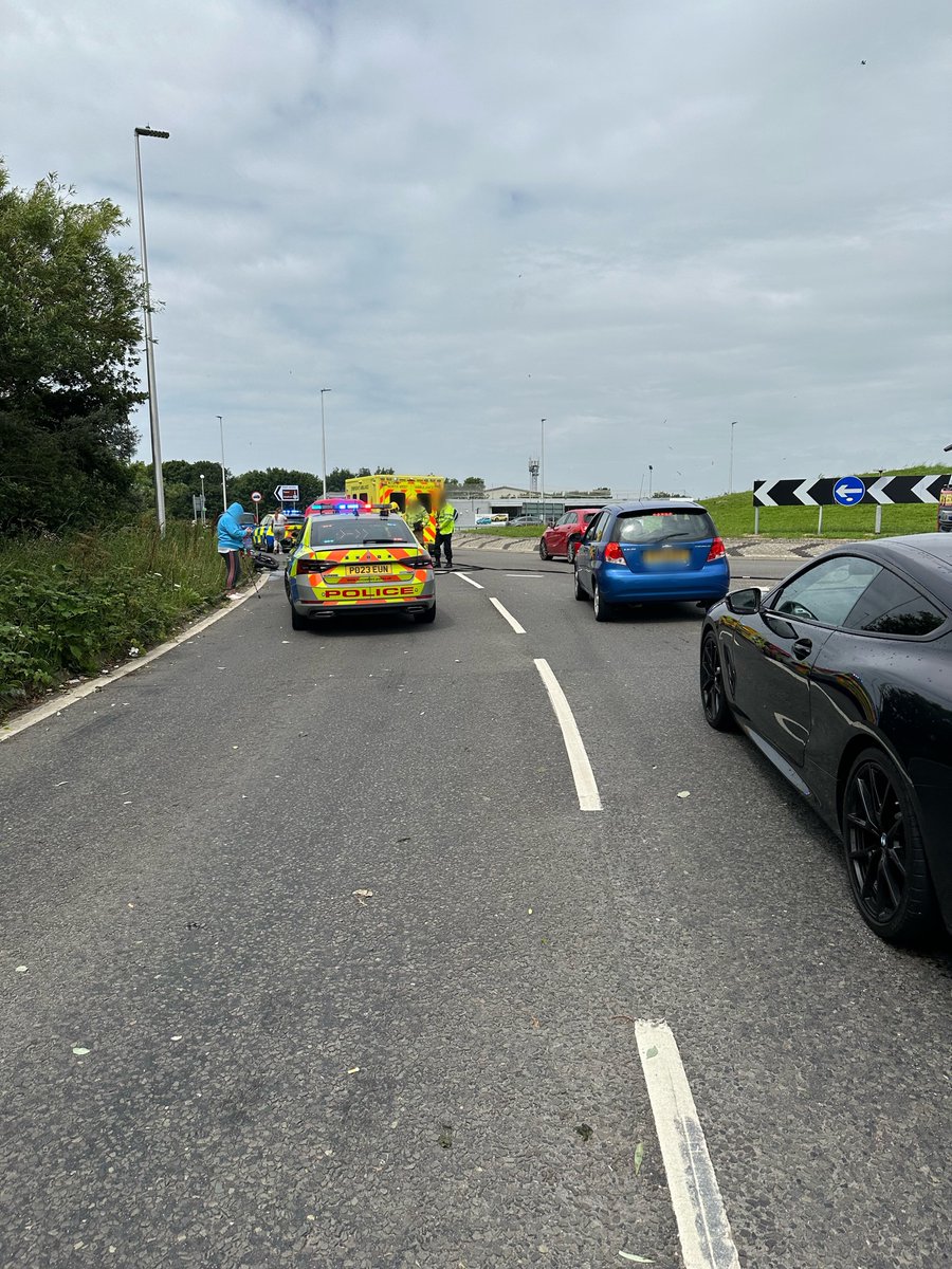 LancsRoadPolice's tweet photo. Multiple RTC’s attended by Team 3 RPU today. This one resulted in a driver being reported for driving without due care and attention. Minor injuries for motorbike rider. #Fatal5 #T3RPU https://t.co/XJgpLb7hSW