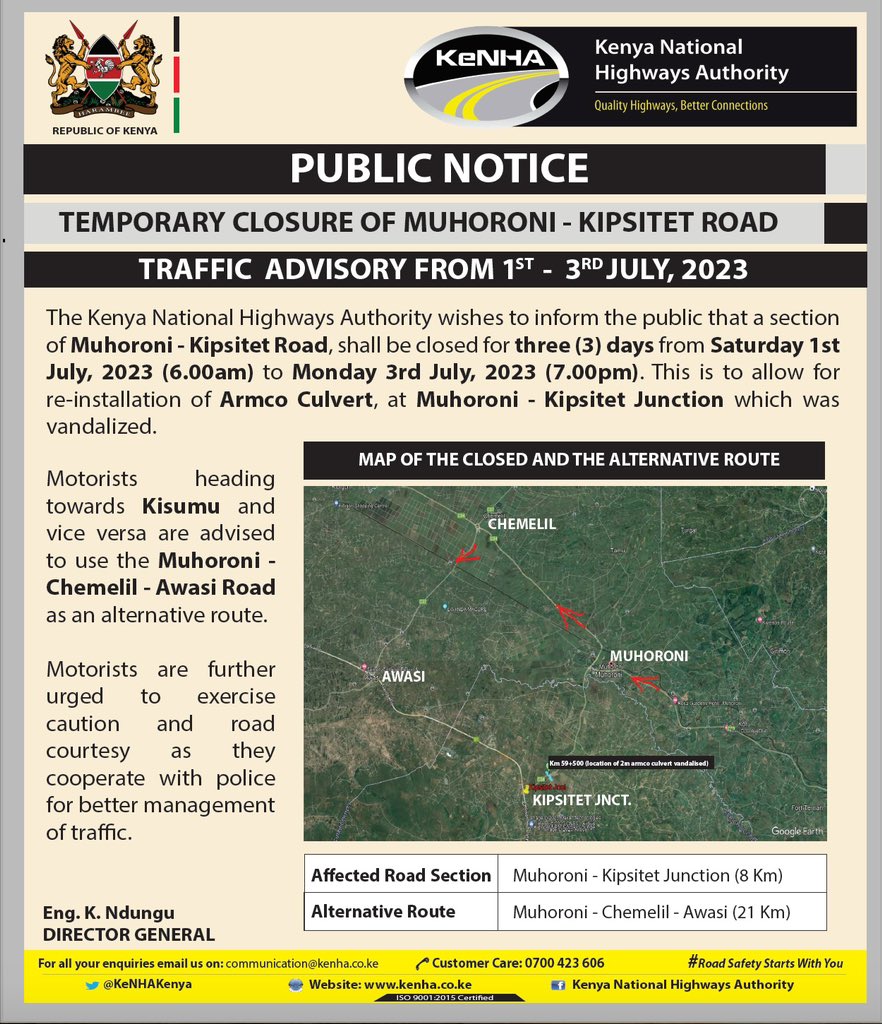 Traffic Advisory 

Temporary closure of Muhoroni - Kipsitet Road