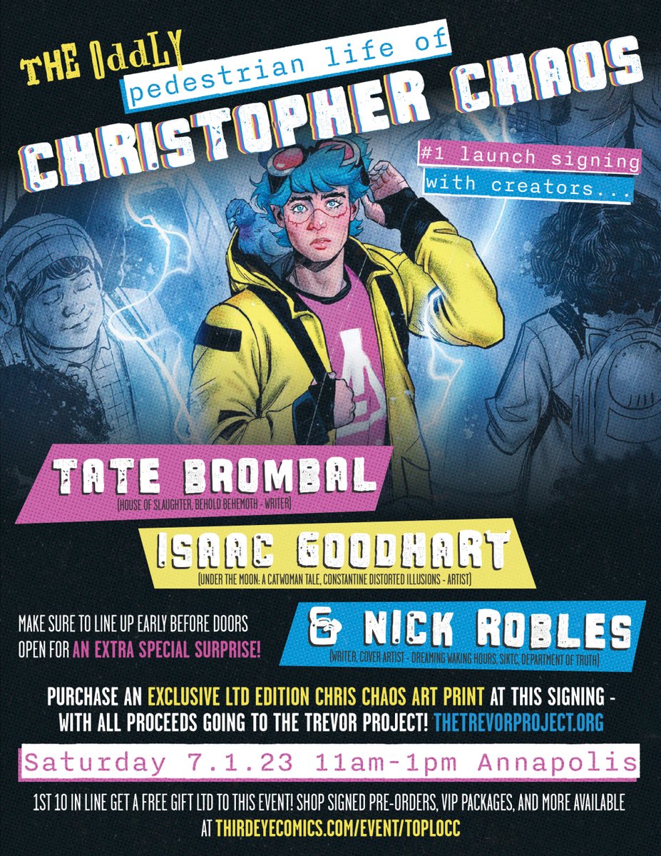 TODAY! Come by @thirdeyecomics Annapolis between 11a - 1p for a chance to meet the creative team behind Christopher Chaos @TateBrombal @IsaacGoodhart @ArtofNickRobles @DarkHorseComics

#christopherchaos #theoddlypedestrianlifeofchristopherchaos #comics #comicbooks