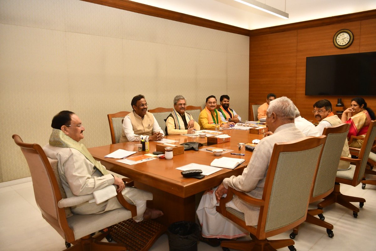 CTRavi_BJP's tweet photo. Glimpses of the BJP National General Secretaries Meeting held at the party headquarters in New Delhi addressed by our National President Shri ⁦@JPNadda⁩ in the presence of National Organisation General Secretary Shri ⁦@blsanthosh⁩. https://t.co/hE4oPhtuQR