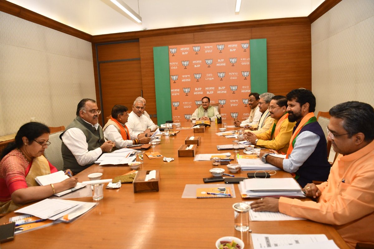 CTRavi_BJP's tweet photo. Glimpses of the BJP National General Secretaries Meeting held at the party headquarters in New Delhi addressed by our National President Shri ⁦@JPNadda⁩ in the presence of National Organisation General Secretary Shri ⁦@blsanthosh⁩. https://t.co/hE4oPhtuQR