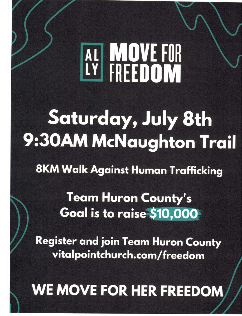 ExeterBIA's tweet photo. Our friends at Vitalpoint Church  are taking part in the Move For Freedom event which will see the Huron County team walk 8 KM against Human Trafficking. More details or to join the team or donate can be found at https://t.co/rzizareQ2b. https://t.co/32CPTPTZ5U
