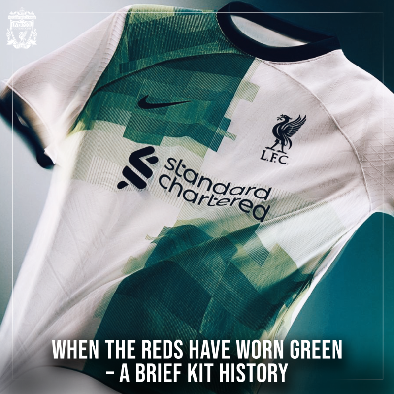LFC's tweet photo. Taking a look back at the green kits throughout Liverpool's history ⤵️