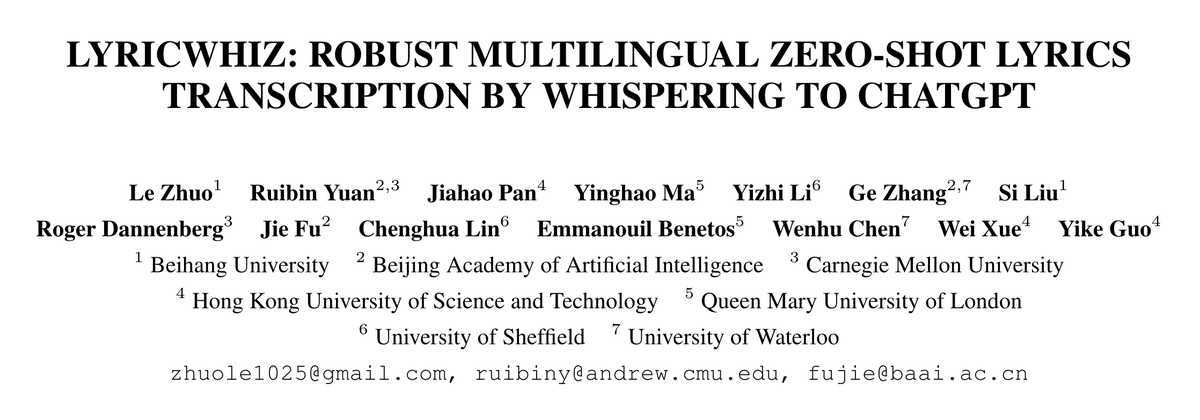1/ 📢 Introducing our #ISMIR2023 paper, LyricWhiz! 🎉 LyricWhiz is the first system to perform zero-shot, multilingual, long-form lyrics transcription by integrating Whisper and GPT4 from OpenAI.

Paper: arxiv.org/abs/2306.17103
Code&Dataset: github.com/zhuole1025/Lyr…